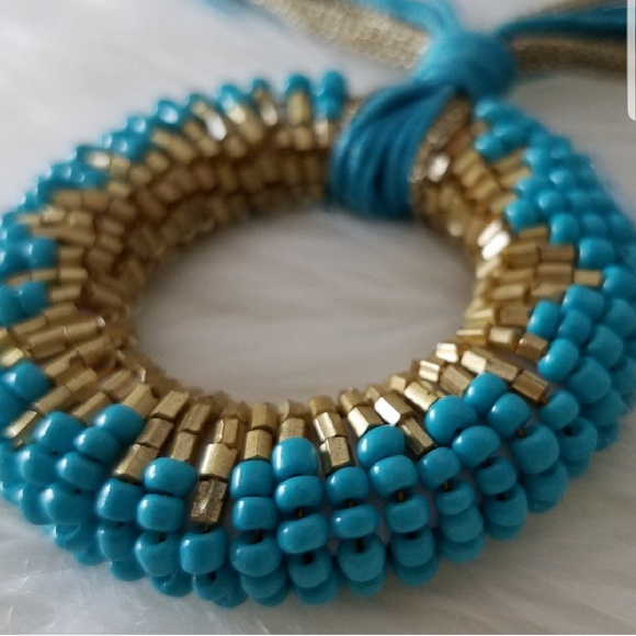 Turquoise Gold Beaded Statement Necklace Handmade NEW